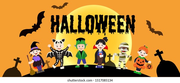 Happy Halloween. Children dressed in Halloween fancy dress to go Trick or Treating.Template for advertising brochure.
