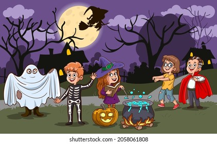 Happy Halloween. Children dressed in Halloween fancy dress to go Trick or Treating.vector illustration.