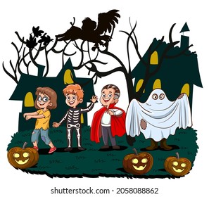 Happy Halloween. Children dressed in Halloween fancy dress to go Trick or Treating.vector illustration.