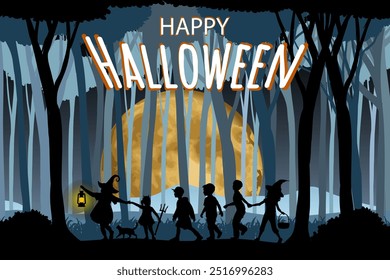 Happy Halloween. Children dressed in Halloween fancy dress to go Trick or Treating close up. Vector illustration.