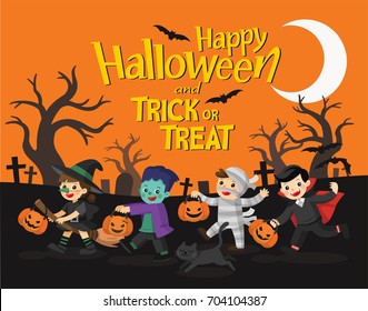 Feliz Dia das Bruxas. Crianças vestidas com vestido fantasia de Halloween para ir Truque ou Treating.Template para folheto publicitário.