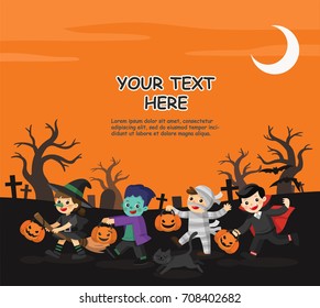 Happy Halloween. Children dressed in Halloween fancy dress to go Trick or Treating.Template for advertising brochure.