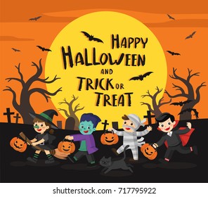 Happy Halloween. Children dressed in Halloween fancy dress to go Trick or Treating.Template for advertising brochure.