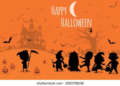 Happy Halloween. Children, dressed up in Halloween fantasies of paying, do not want to escape Trick or love. Template for advertising brochure. Zombie, witches, moon and bats