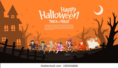 Happy Halloween. Children in Halloween fancy dress to go Trick or Treating.Template for advertising brochure.