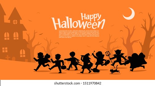 Happy Halloween. Children in Halloween fancy dress to go Trick or Treating.Template for advertising brochure.