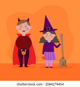 Happy Halloween. Children in fancy dress. The Witch and Dracula. wallet or life. trik or treat.Vector illustration. Vector illustration