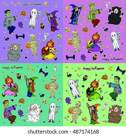 Happy Halloween! Children in fancy dress. Vector illustration. Big set. Girl pumpkin, witch with a broom, werewolf, zombies. cat, bat, mummy, ghost. Ideas carnival costumes. Trick or Treat. 