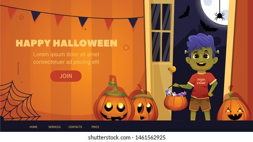 Happy Halloween  children in scary costume Funny and cute kid with big cartoon eyes. Template for web, mobile or advertising. vector illustration.