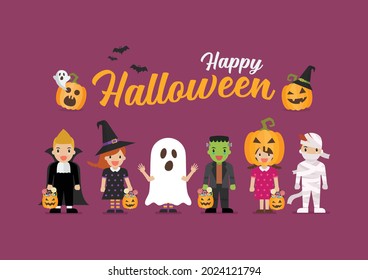 Happy Halloween children in scary different costumes. Collection of cartoon children in carnival costumes. Vector illustration