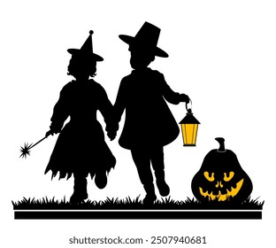 Happy Halloween. Children silhouettes with halloween objects on white background. Vector illustration.