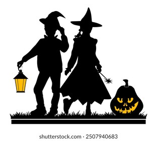 Happy Halloween. Children silhouettes with halloween objects on white background. Vector illustration.