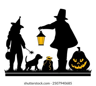 Happy Halloween. Children silhouettes with halloween objects on white background. Vector illustration.