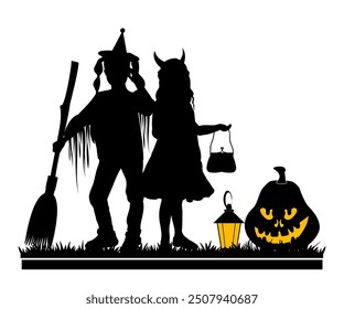 Happy Halloween. Children silhouettes with halloween objects on white background. Vector illustration.