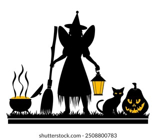 Happy Halloween. Children silhouettes with halloween objects on white background. Vector illustration.	