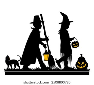 Happy Halloween. Children silhouettes with halloween objects on white background. Vector illustration.	