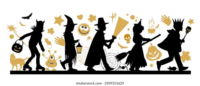 Happy Halloween. Children silhouettes with halloween objects on white background. Vector illustration.	
