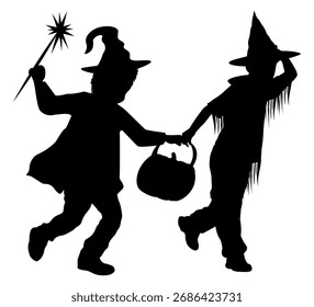 Feliz Halloween. Siluetas de niños con objetos y disfraces de halloween.  Ilustración vectorial	
