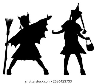 Feliz Halloween. Siluetas de niños con objetos y disfraces de halloween.  Ilustración vectorial