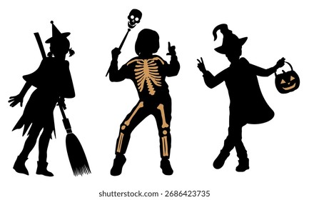 Feliz Halloween. Siluetas de niños con objetos y disfraces de halloween.  Ilustración vectorial	
