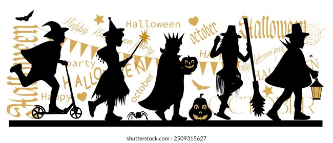 Happy Halloween. Children silhouettes with halloween text on white background. Vector illustration.	
