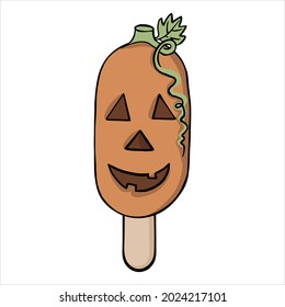 Happy Halloween chocolate ice cream character. Pumpkin with eyes Cute doodle flat vector sweet holiday symbol. Hipster advertisement halloween decoration icon clipart.