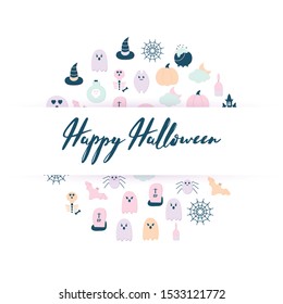 Happy Halloween circle banner with a Lettering. Flat style Halloween icons scary ghost, pumpkin, witch hat, bat, potion bottle, skull, skeleton, spider net, cat. Printable Seasonal Vector illustration