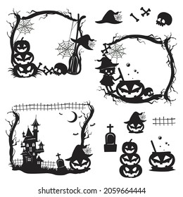 Happy Halloween circle frame or party invitation background witch and pumpkins in flat style. Vector illustration. Photo frame with witch, pumpkin, spider, cat, castle and broom. Place text in frame