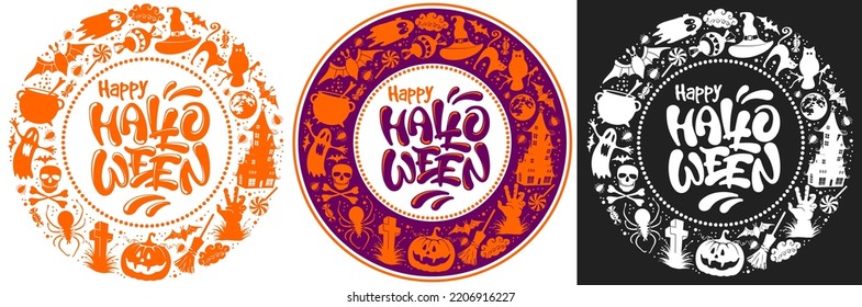 Feliz recorrido de Halloween. Patrón de vacaciones con letras caligráficas, calabaza, fantasma, murciélago, sombrero de bruja y caldero, etc. Aislado sobre fondo blanco, negro y violeta. Ilustración del vector