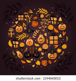 Happy Halloween. Circle with holiday symbols. Gourd pumpkin Jack o lantern, witch hat, striped stockings, lollipop, gifts, autumn leaves and dried flowers. For stickers, posters, cards, design