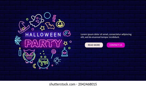 Happy Halloween circle layout neon flyer. Night bright promotion. Outer glowing effect banner. October holiday greeting card and poster. Editable stroke. Isolated vector stock illustration