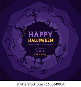happy halloween circle silhouette background, purple night party greeting, vector illustration