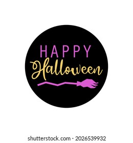 Happy Halloween Circle Stickers With Broom. Perfect As Icons For Holidays