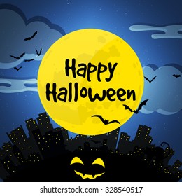 Happy halloween. City and full moon vector Illustration with building, bat, pumpkin, cat.