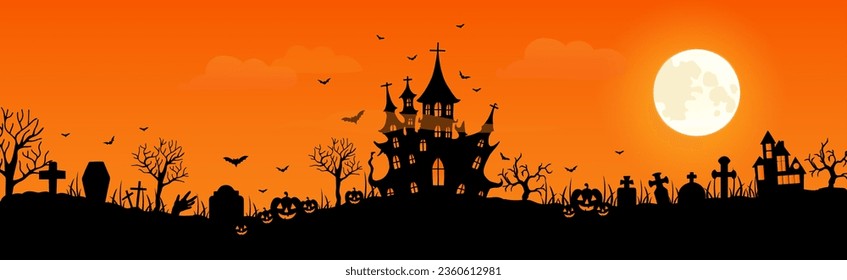 Fröhliches Halloween. Stadtpanorama im halloween-Stil. Schrecklicher halber Hintergrund. orangefarbener und gelber Hintergrund. Vektorgrafik.