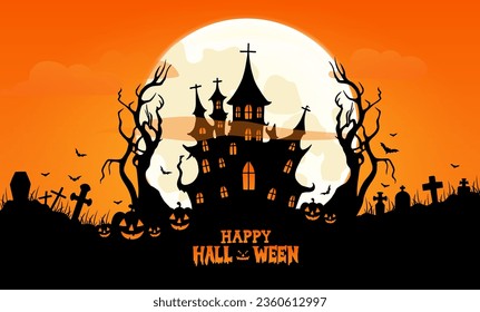 Happy Halloween. City panorama in halloween style. Scary halloween isolated background. Orange and yellow background. Vector illustration.