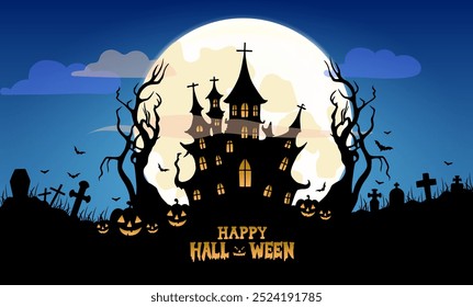 Happy Halloween. City panorama in halloween style. Scary halloween isolated background.Vector illustration.