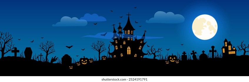 Happy Halloween. City panorama in halloween style. Scary halloween isolated background.Vector illustration.