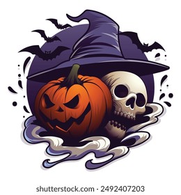 Happy Halloween Clipart or badge. Witch hat, pumpkin, flying bat and scary skull illustration