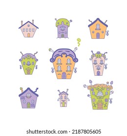 Happy halloween clipart haunted houses collection. Perfect spooky print for tee, stickers, poster, stationery. Hand drawn isolated vector illustration for decor and design.



