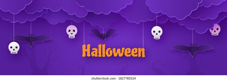 Happy Halloween, clouds with full moon night scene, greeting card paper cut style, invitation poster vector purple background illustration