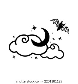 Happy Halloween. Clouds with the moon and stars. Bats. Autumn. Holiday. Hand drawn vector illustration in doodle style. 