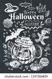 Happy Halloween Coffee, Autumn Holiday Hot Drink Illustration. Festive beverage with title, scary gingerbread and cookies decoration. Engraved style vector artwork. Good for cafe menu, ads, poster