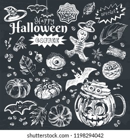 Happy Halloween Coffee, Autumn Holiday Hot Drink Illustration. Festive beverage with title, scary gingerbread and cookies decoration. Engraved style vector artwork. Good for cafe menu, ads, poster