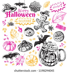 Happy Halloween Coffee, Autumn Holiday Hot Drink Illustration. Festive beverage with title, scary gingerbread and cookies decoration. Engraved style vector artwork. Good for cafe menu, ads, poster