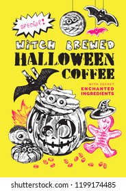 Happy Halloween Coffee, Autumn Holiday Hot Drink Illustration. Festive beverage with title, scary gingerbread and cookies decoration. Engraved style vector artwork. Good for cafe menu, ads, poster