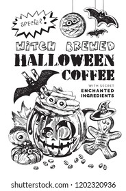 Happy Halloween Coffee, Autumn Holiday Hot Drink Illustration. Festive beverage with title, scary gingerbread and cookies decoration. Engraved style vector artwork. Good for cafe menu, ads, poster
