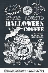Happy Halloween Coffee, Autumn Holiday Hot Drink Illustration. Festive beverage with title, scary gingerbread and cookies decoration. Engraved style vector artwork. Good for cafe menu, ads, poster