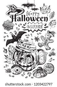 Happy Halloween Coffee, Autumn Holiday Hot Drink Illustration. Festive beverage with title, scary gingerbread and cookies decoration. Engraved style vector artwork. Good for cafe menu, ads, poster