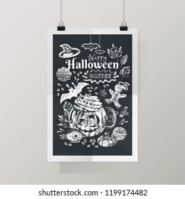 Happy Halloween Coffee Illustration, Funny Scary Theme Artwork. Festive beverage with title, spooky gingerbread and cookies decoration. Engraved style vector graphic. Good for cafe menu, ads, poster